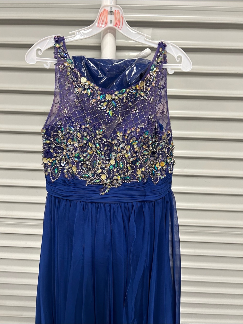 Lets Fashion Blue Beaded Formal Dress Embellished Bodice Chiffon Prom Gown M - Picture 2 of 12